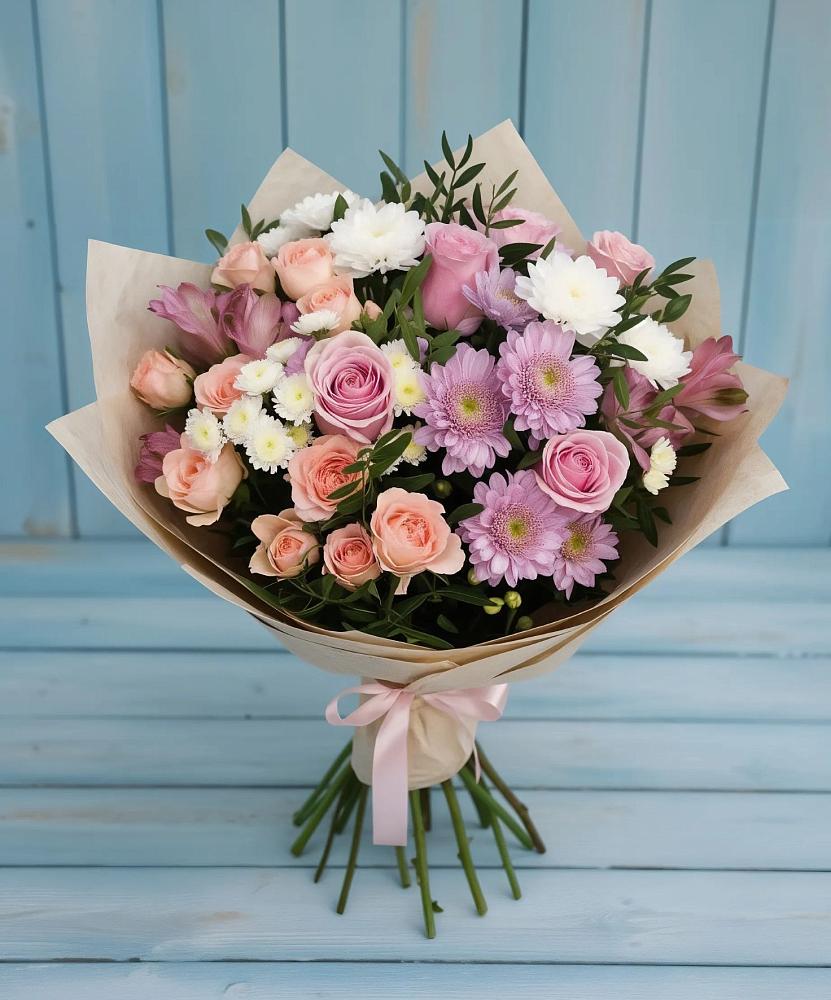 Букет цветов из: Хризантемы, Розы и Альстромерии в Кипень