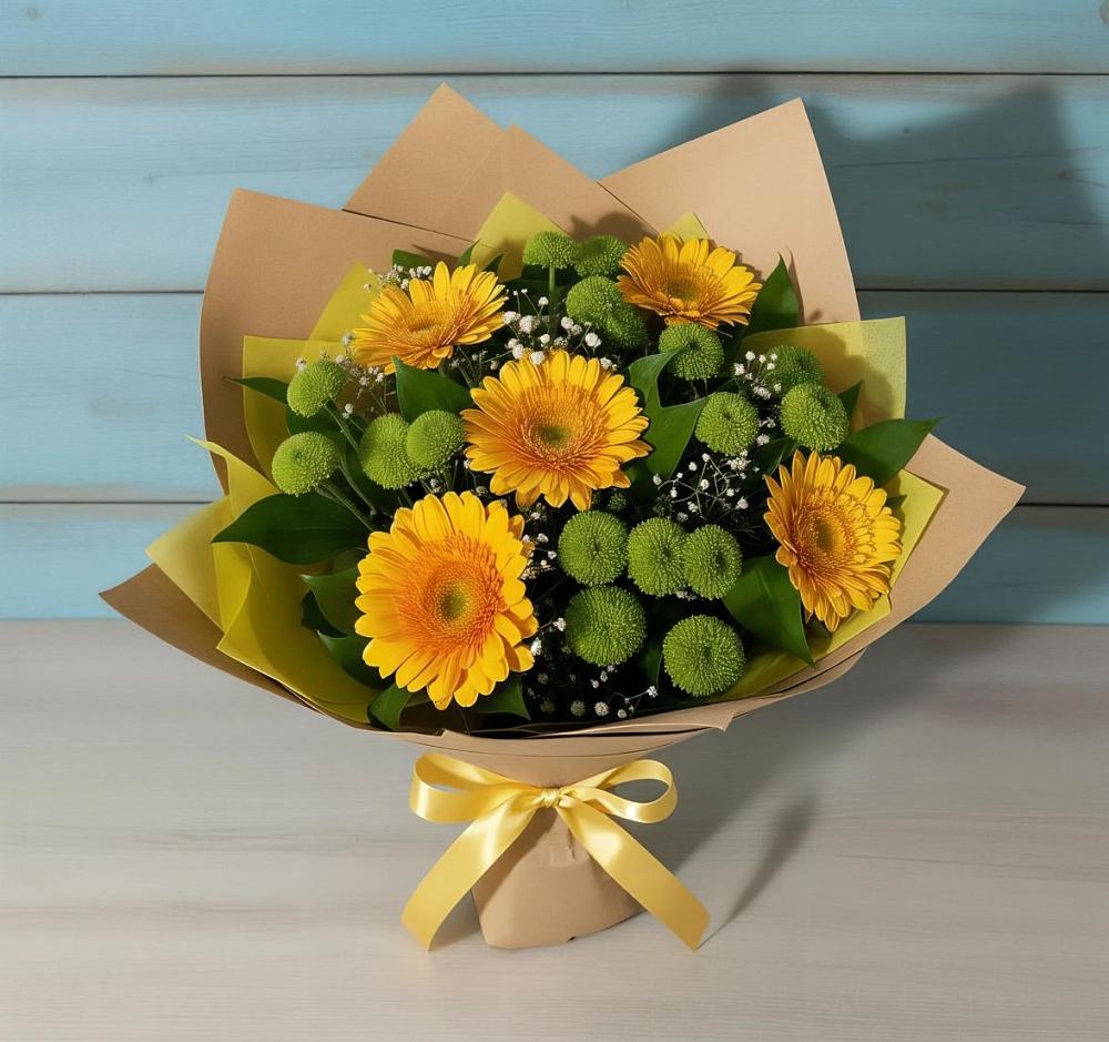 Букет цветов из: Герберы и Хризантемы в Кипень