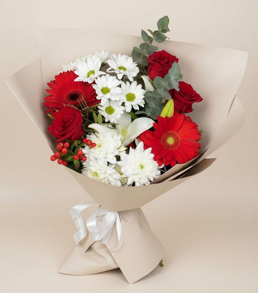Букет цветов из: Розы, Хризантемы, Герберы и Лилии в Кипень