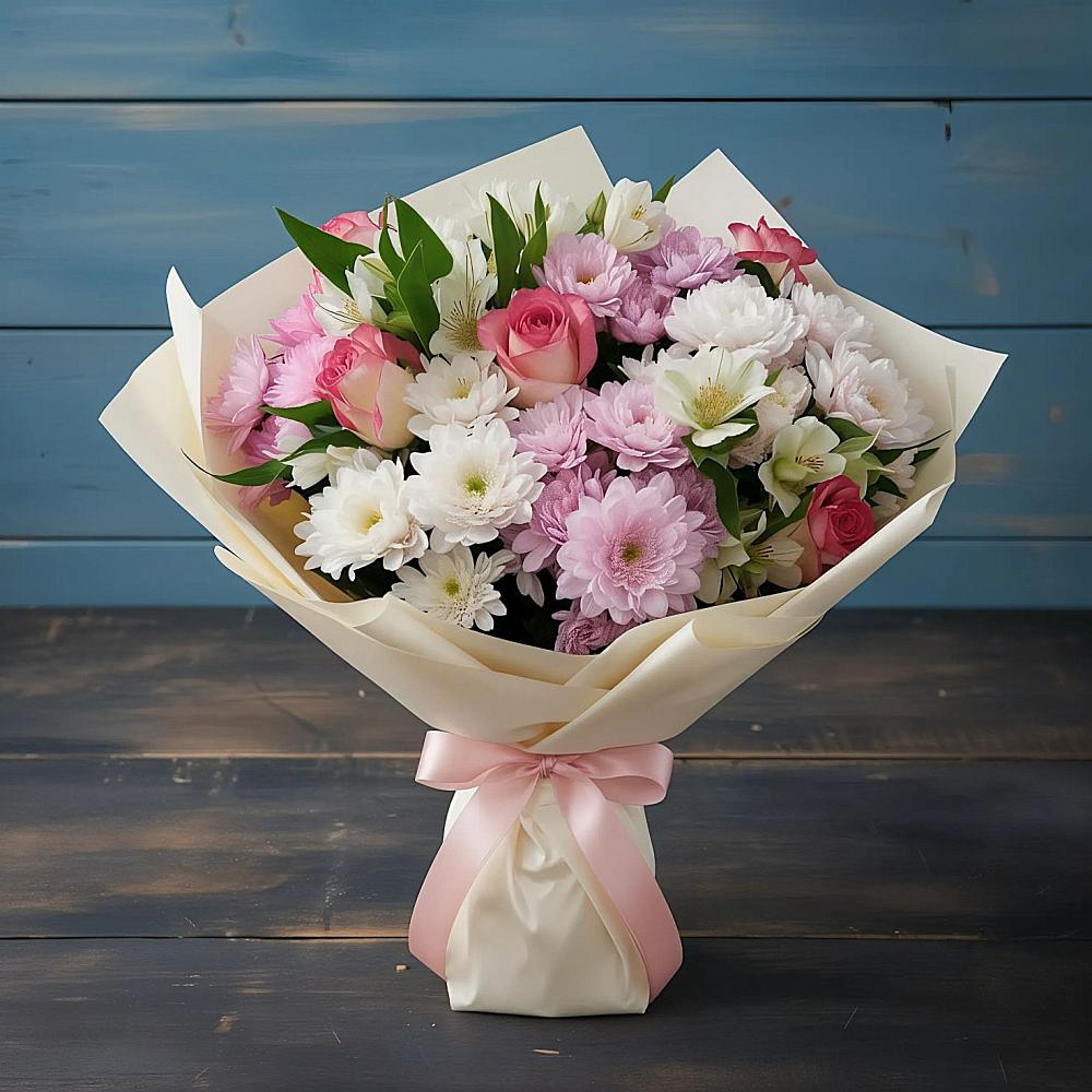 Букет цветов из: Хризантемы, Альстромерии и Розы в Кипень